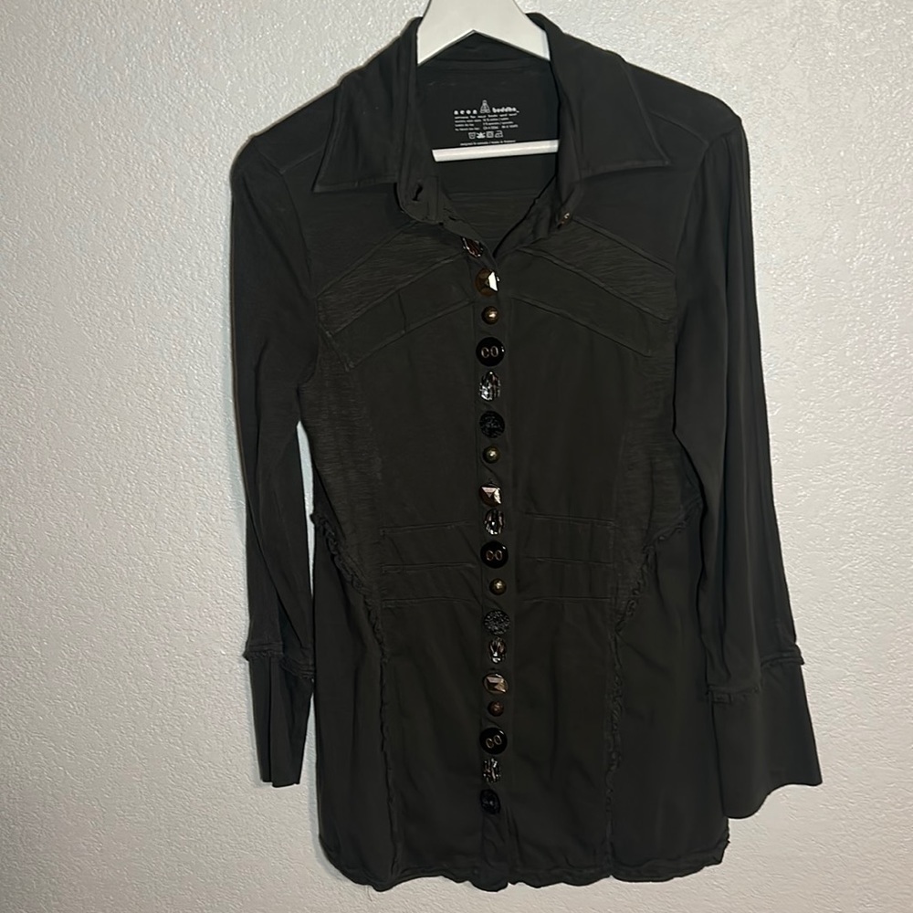 Neon Buddha Mixed Media & Buttons Long Line Lightweight Cardigan Size Small